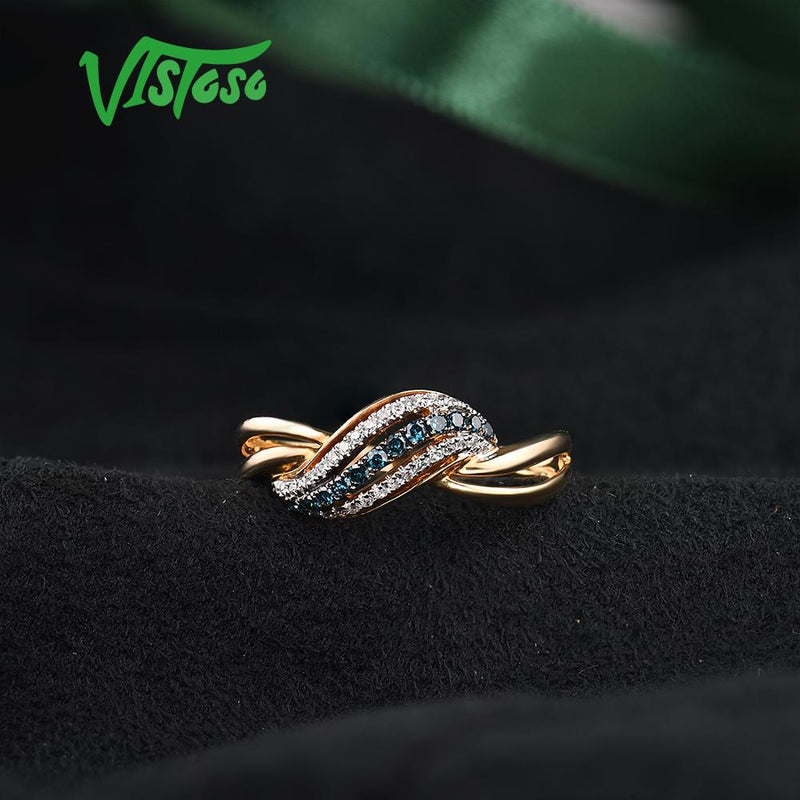 VISTOSO Echter 14K 585 Gelbgold funkelnder schicker blauer Diamantring für Damen Luxus-Verlobungsjubiläum Lady Fine Jewelry