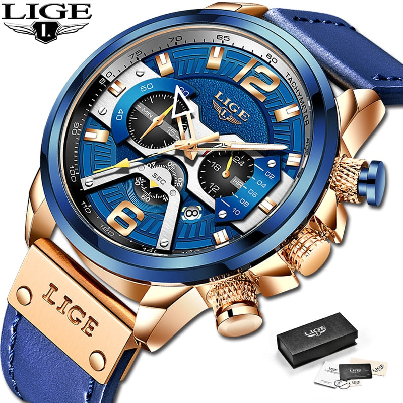 2022 New Mens Watches LIGE Top Brand Leather Chronograph Waterproof Sport Automatic Date Quartz Watch For Men Relogio Masculino