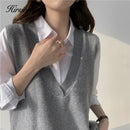 Hirsionsan V Neck Knitted Sweater Vest Women 2021 New Korean Cashmere Loose Vest Pullovers Female Solid Sleeveless Knitwear