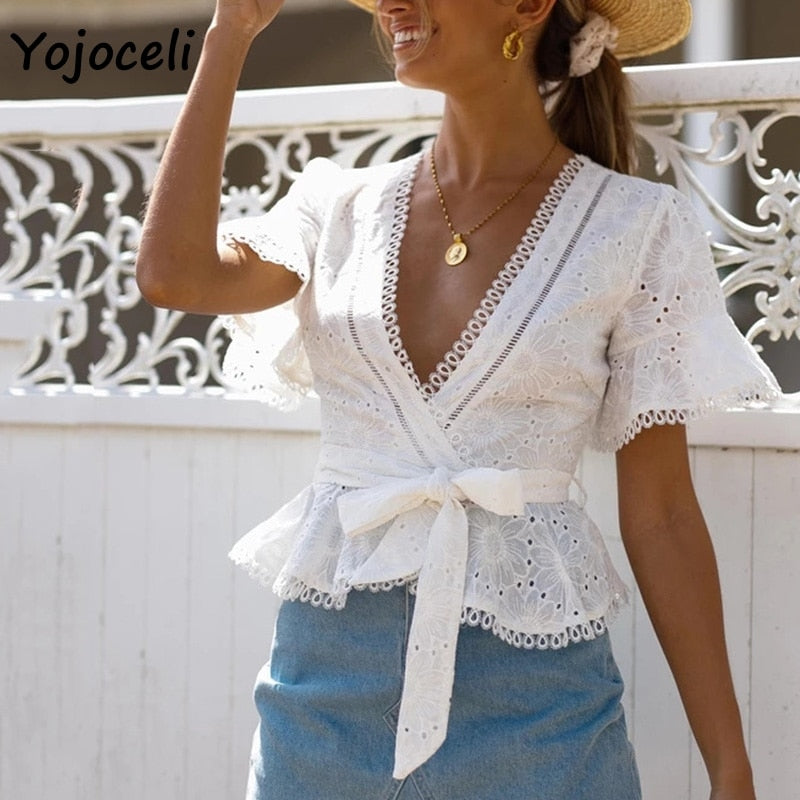 Yojoceli cotton embroidery lace blouses shirt women ruffle bow blusas female boho new blouses