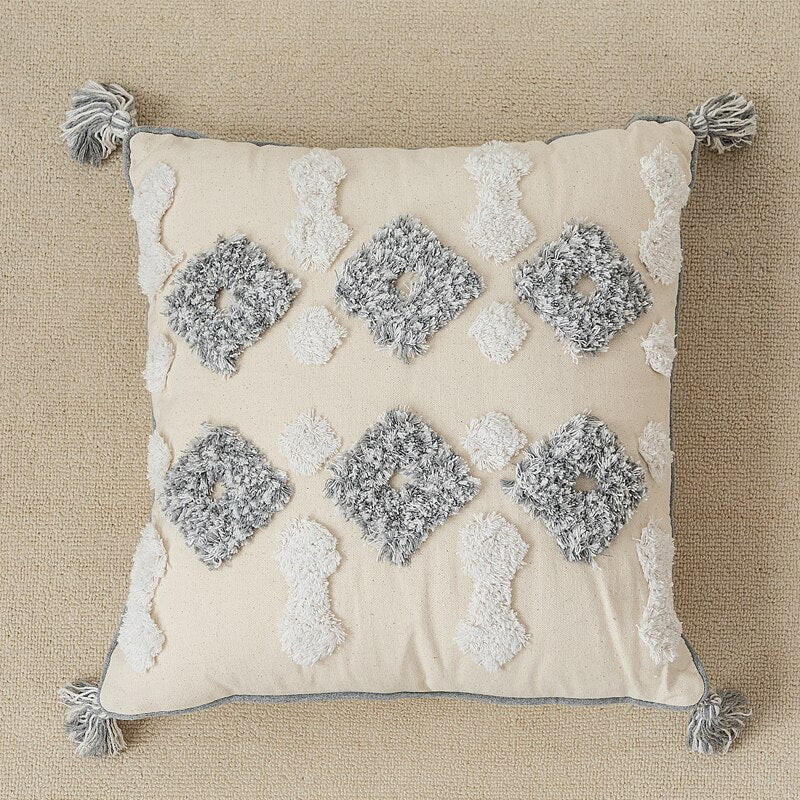 Funda de cojín de estilo marroquí Tuft borlas hecho a mano decoración neutra funda de almohada 45x4 5cm/30x50cm para sofá cama gris marfil diamante raya