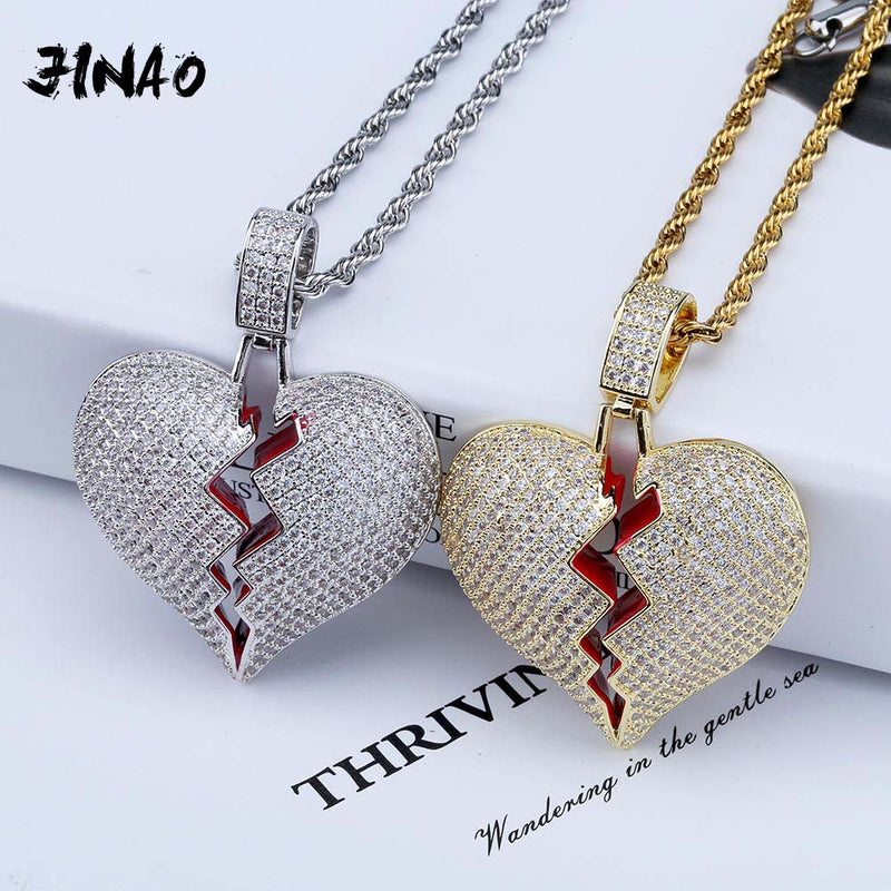 JINAO Fashion Broken Heart Iced Out Chain Pendant Necklace Statement Gold Color Cubic Zircon Necklace Hip Hop Men&