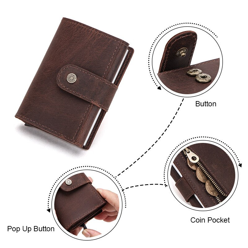 Contact's Customize Men Card Wallet Business Credit Card Holders Crazy Horse Leather Men Mini Wallets Rfid Aluminium Box Purse