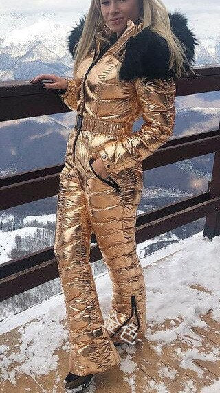 Nuevo traje de esquí de una pieza de oro plateado brillante para mujer, mono de esquí a prueba de viento para invierno, traje de snowboard, trajes de nieve para mujer