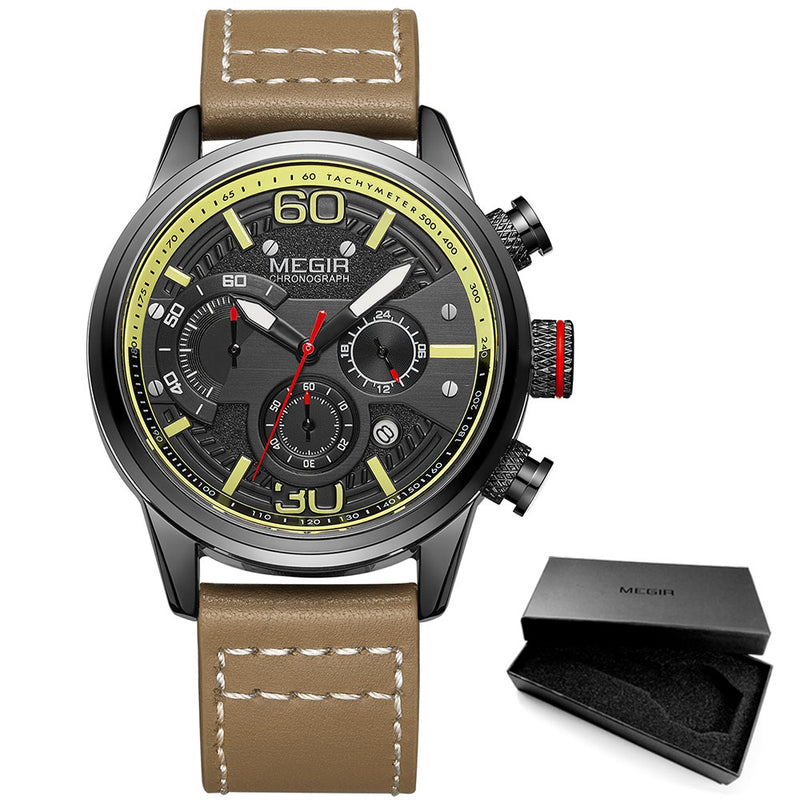 Reloj cronógrafo MEGIR para hombre, reloj de cuarzo con correa de cuero de lujo, reloj de pulsera deportivo militar resistente al agua para hombre, reloj Masculino 2110