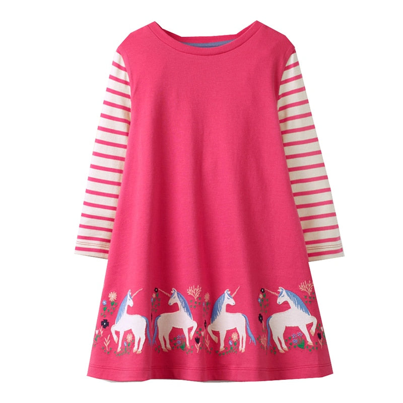 VIKITA Mädchen Gestreiftes Kleid Kinder Einhorn Kleider für Mädchen Kleidung Kleinkinder Lässiges Baumwollkleid Kinder Herbst Langarm Vestidos