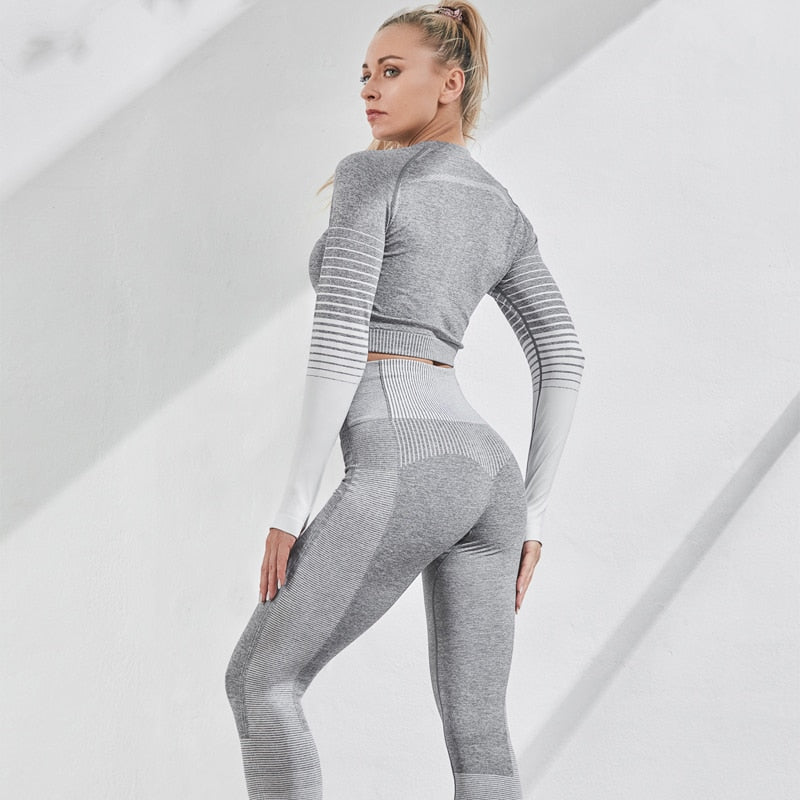 NORMOV Women Yoga Set 2 pcs Sets Fot Fitness Long Sleeve Top High Waist Sport Leggings Gym Set Sports Suits Gym Suit Fitness Set