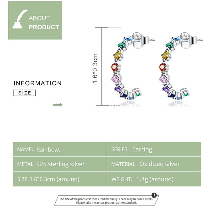 WOSTU Plata de Ley 925 auténtica pendientes de tuerca de circonitas coloridas simples pendientes de arcoíris para mujer joyería de plata de moda CQE1014