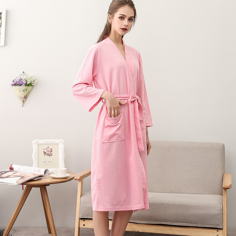 Frauen Sommer 2021 Langer Weicher Bademantel Pyjama Kimono Solide Waffel Bademantel Mit Schärpen Morgenmantel Nachtwäsche Weibliche Homewear