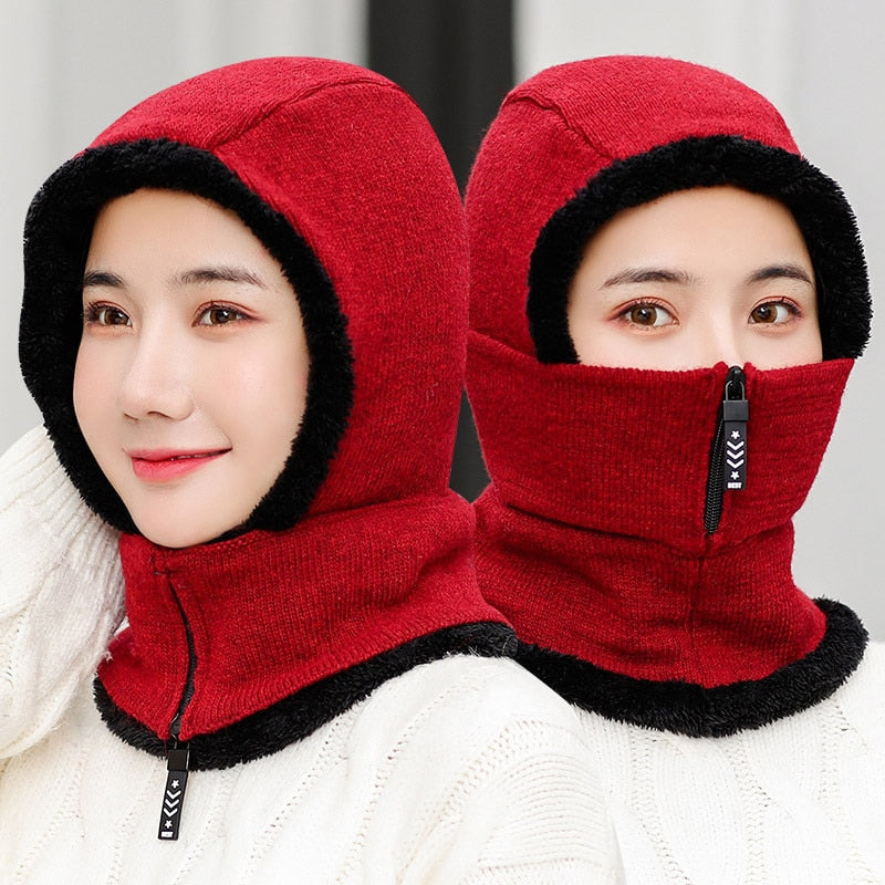 1pcs Women Winter Knitted Hat New Add Fur Lined Warm Winter Hats For Women With Zipper Keep Face And Ear Warmer Balaclava Cap