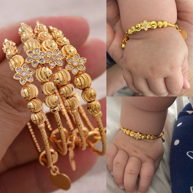 24K 4pcs Baby Bangles Ethnic Gold Color Dubai Bangles Kids Bracelet Luxury Bracelet Dubai Bangles Child Jewelry Birthday Present