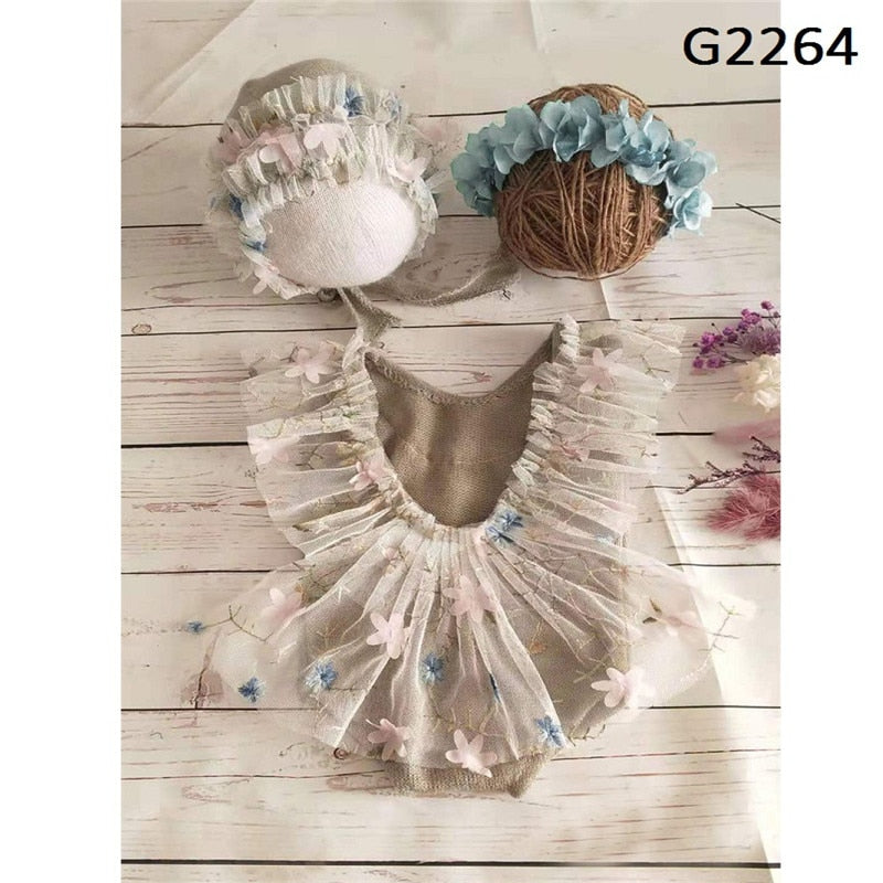 Newborn Photography Props Hat Baby Lace Romper Bodysuits Outfit Photography Girl Dress Photo Shoot Costume