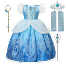 VOGUEON Girl Cinderella Princess Halloween Party Costume Short Sleeve Blue Fancy Ball Gown Children Fancy Birthday Clothes Frock