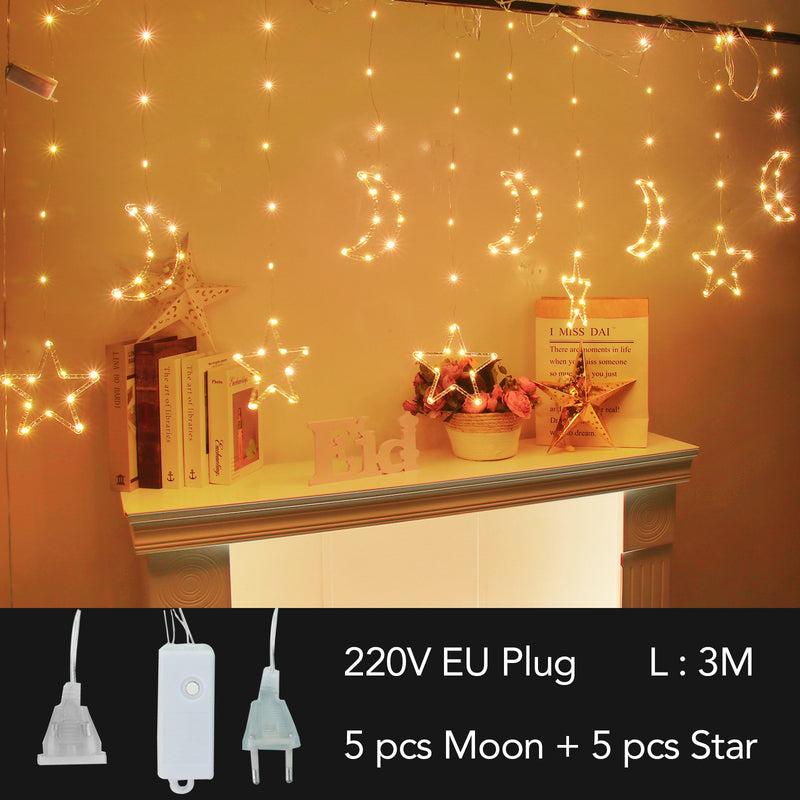 Eid Mubarak Star Moon Led Curtain Garland String Lights Ramadan Decoration Islam Muslim Party Decor Eid Al Adha Gifts Eid Lights