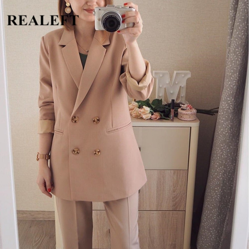 REALEFT 2021 New Autumn Winter Women's Pant Suit Double Breasted Notched Blazer Jacket & Pant Office Wear Women Suit Female Sets