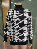 Otoño Invierno manga larga suéter de gran tamaño mujeres cuello alto negro Casual tejido pata de gallo suéter Top jerséis sueltos