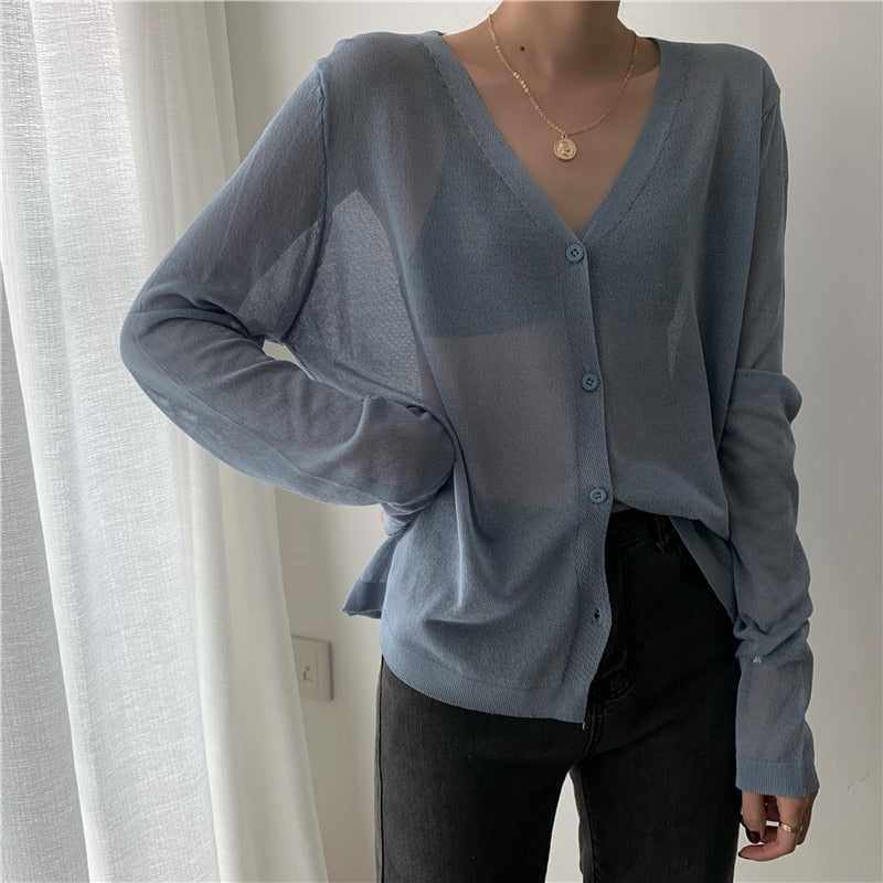 Cardigan Women Korean Long Sleeve Cardigan Summer Cropped Cardigan Knitted V-Neck Thin Ice Silk Sweaters Sunscreen Shirt Tops