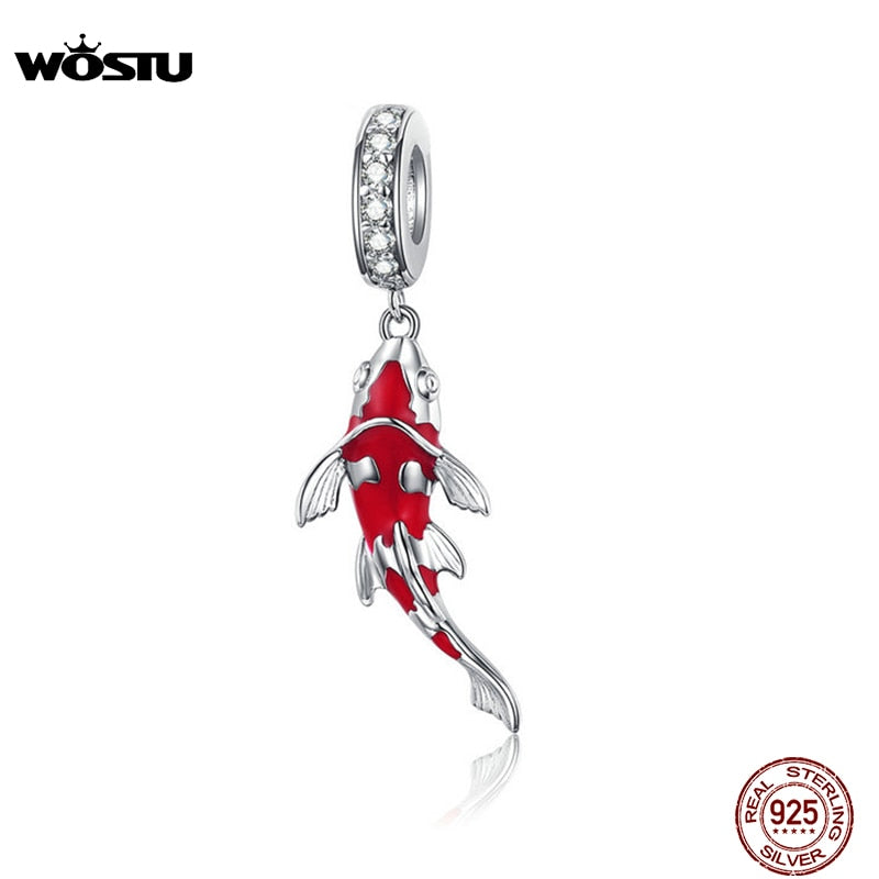 WOSTU Lucky Carp Dangle Charm 925 Sterling Silver Esmalte rojo CZ Beads Fit Original Pulsera Colgante Plata 925 Jewelry CTC085