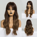 GEMMA Synthetic Long Wavy Dark Brown Golden Highlight Wig for Black Women African American Cosplay Wig with Bangs Heat Resistant