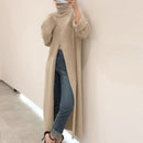 Women Designer Turtleneck Split Sweater Dress Ladies Long Sleeve Solid Straight Loose Knitted Maxi Dresses Winter vestido