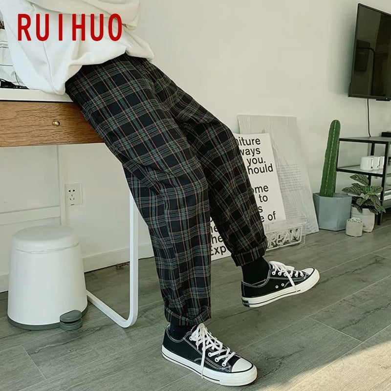 RUIHUO, pantalones bombachos a cuadros, pantalones para hombre, pantalones para correr, pantalones casuales para hombre, pantalones de chándal hasta el tobillo, ropa informal estilo Hip Hop, M-3XL de algodón 2022