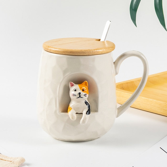 Taza de cerámica con relieve de animales bonitos de 430ml con tapa y cuchara, taza con asa para café, té de la leche, regalos novedosos