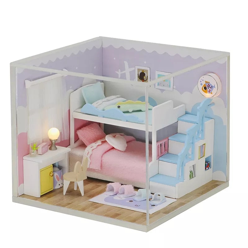 Cutebee DIYHouse Miniature with Furniture LED Music Dust Cover Model Building Blocks Toys for Children Casa De Boneca