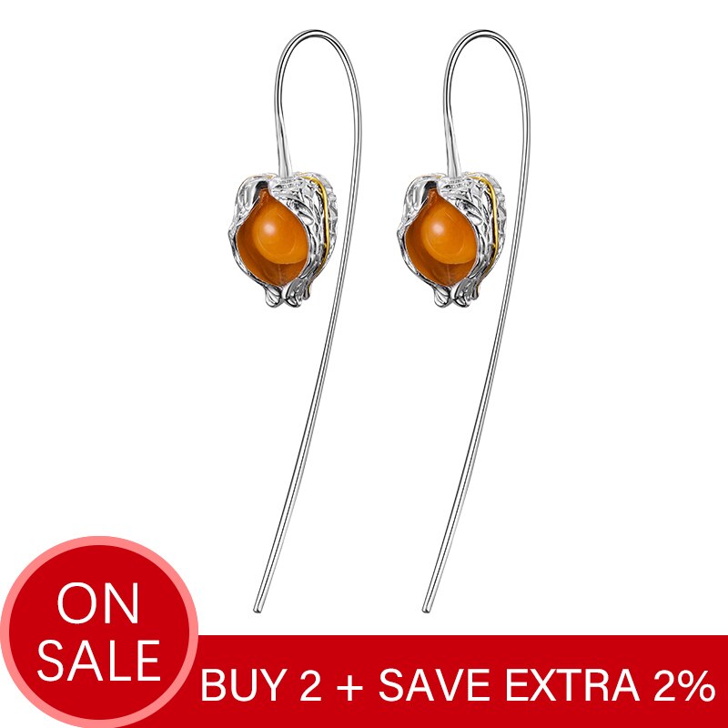 Lotus Fun Real 925 Sterling Silver Earrings Natural Stone Fine Jewelry Design Physalis Fruits Dangle Earrings for Women Brincos