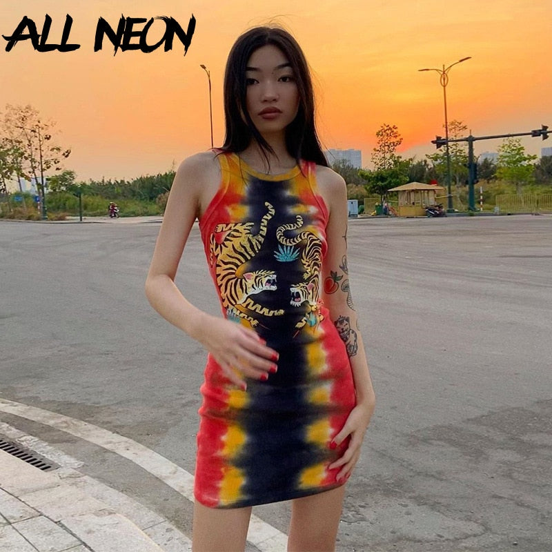 ALLNeon Punk Tie Dye Sleeveless Graphic Mini Dresses Ribbed O-neck Tiger Printing Bodycon Party Dress E-girl Rave Summer Dresses