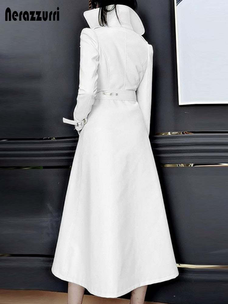 Nerazzurri Spring Runway Weiß Langer Leder Trenchcoat für Damen Langarm Elegante Luxusmode Damen Mäntel 2021 Designer