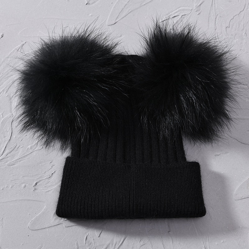 Double Real Raccoon Fur Pompom Hat Women Winter Caps Knitted Wool Hats Skullies Beanies Girls Female Two Fur Pom Pom Beanie Hat