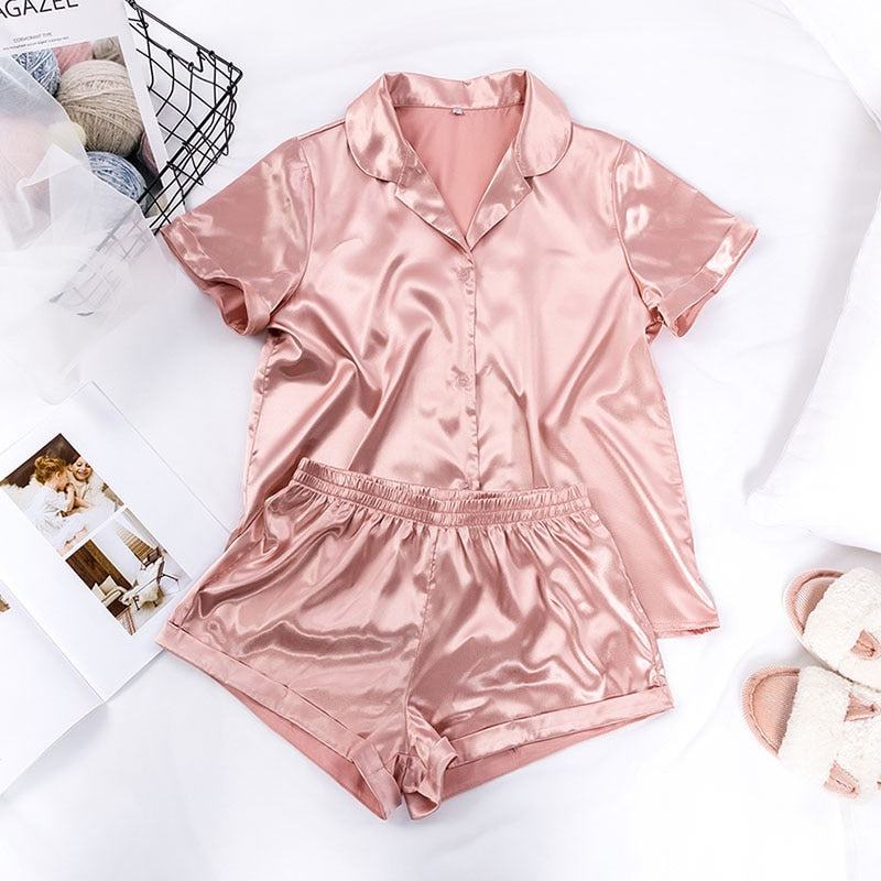 HiLoc Solid Satin Nachtwäsche Seide Pyjama Set Top und Shorts Zweiteiler Pyjama Damen Pyjama Kurzarm Home Suit Casual