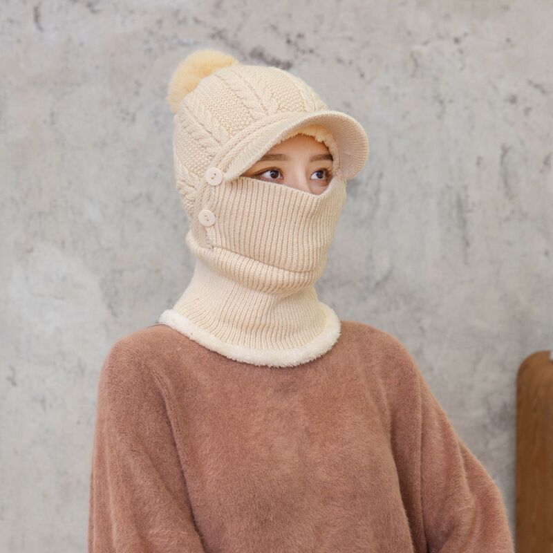 2021 Warm Neck Knit Hat Fur Pompoms Hat Mask Winter Hat For Girl Wool Knitted Hat Female Balaclava Caps Gorras Bonnet
