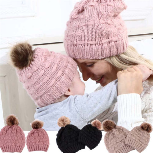 lioraitiin Mom Kid Beanie Hat Cap Knitted Hat Newborn Baby Knit Soild Cotton Blend Cap