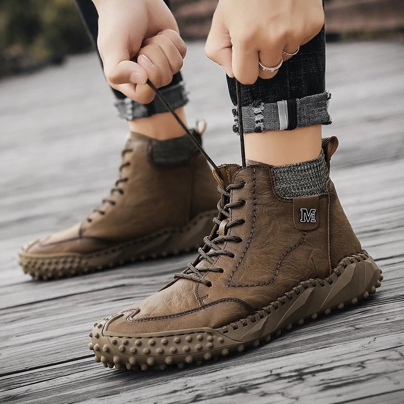 New Winter Men&#39;s Boots Thick Plush Warm Men&#39;s Snow Boots Leather Men&#39;s Ankle Boots Handmade Motorcycle Boots Outdoor Men&#39;s Shoes