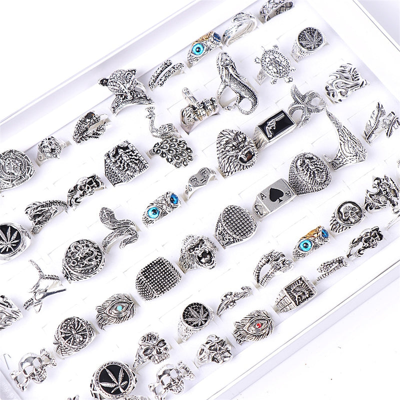 50pcs/lot Punk Gothic Snake Owl Skull Animal Silver Plated Rings For Women Men Mix Style Vintage Jewelry Party Gifts