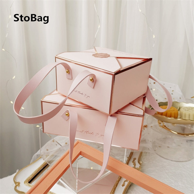 StoBag 5pcs Bronzing Portable Paper Box Leather Portable Rope Chocolate Candy Packaging Birthday Party New Year Gift Decoration