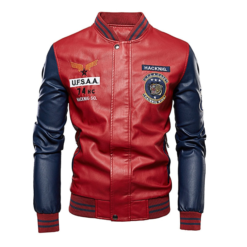 Chaqueta Bomber de cuero para hombre, chaquetas de béisbol, abrigo de piel sintética para motorista, chaqueta de lana para piloto universitario, parte superior de cuero para universidad, motocicleta ajustada negra