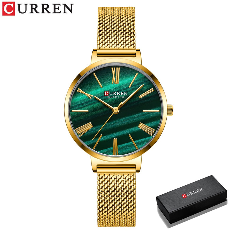 CURREN Fashion Luxury Watches for Women Malachite Green Quartz Dress Bracelet Wristwatch with Leather Female Clock