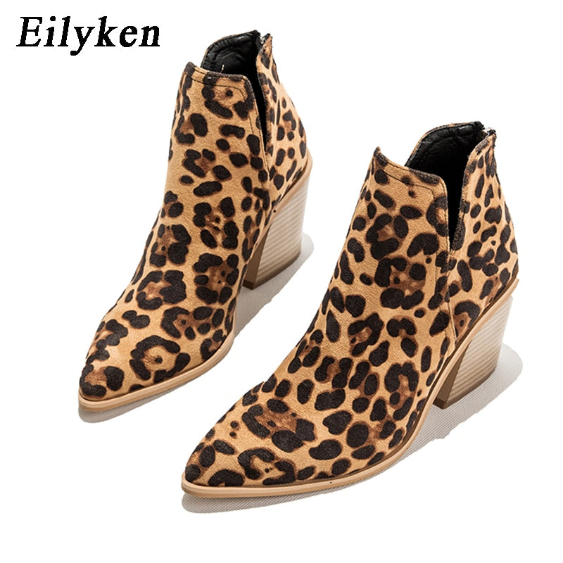 EilyKen Damen Frühwinter Stiefeletten Leopard Damen Reißverschluss Lässig Schwarz Cowboy Square Heel Booties Schuhe Zapatos De Mujer