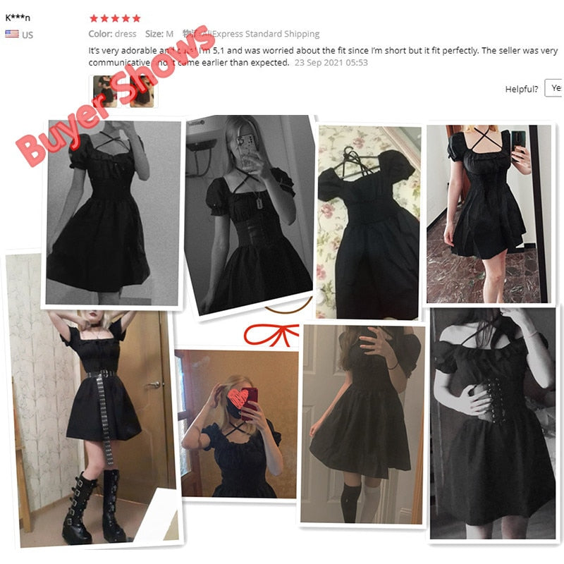 SUCHCUTE Gothic Damen Minikleid Rüschen Sommer 2022 Vintage Dunkles Kleid Partykleider 90er Jahre Ästhetik Schlank Elastische Taille Clubwear