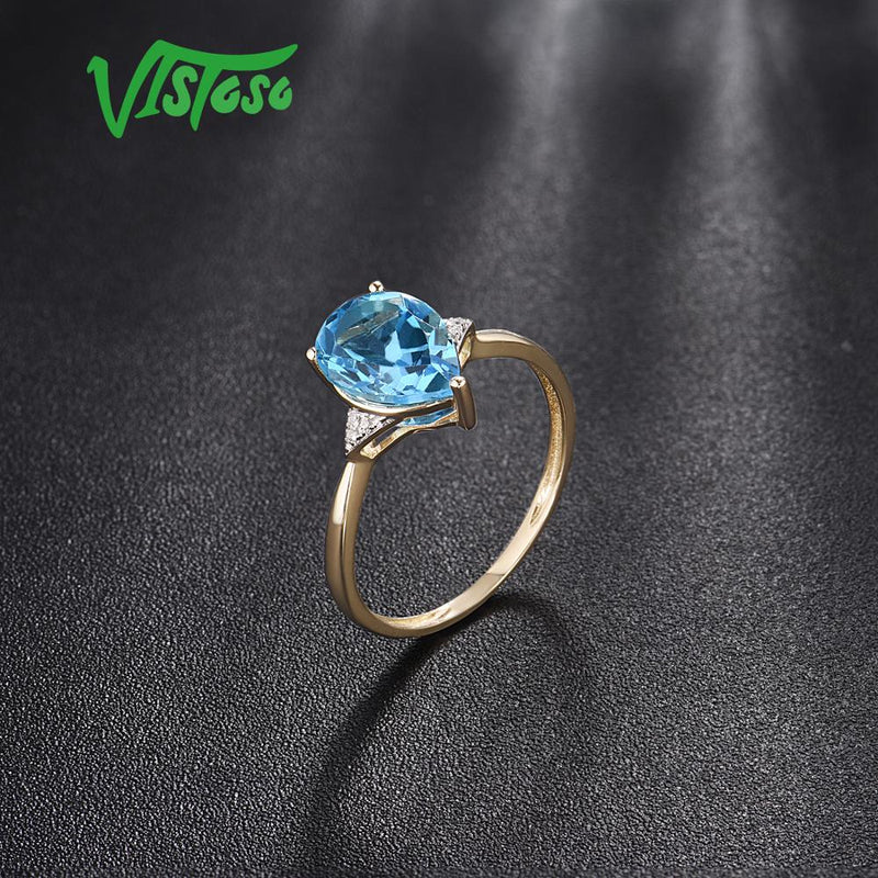 Anillo de oro amarillo VISTOSO Pure14K 585 para mujer, diamante brillante, topacio azul límpido, aniversario, joyería fina clásica