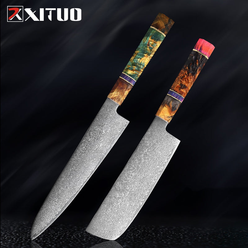 XITUO Chef's Nakiri Knife 67 Schichten japanischer Damaskus-Stahl Damaskus-Kochmesser 8 Zoll Damaskus-Küchenmesser Solidified Wood HD