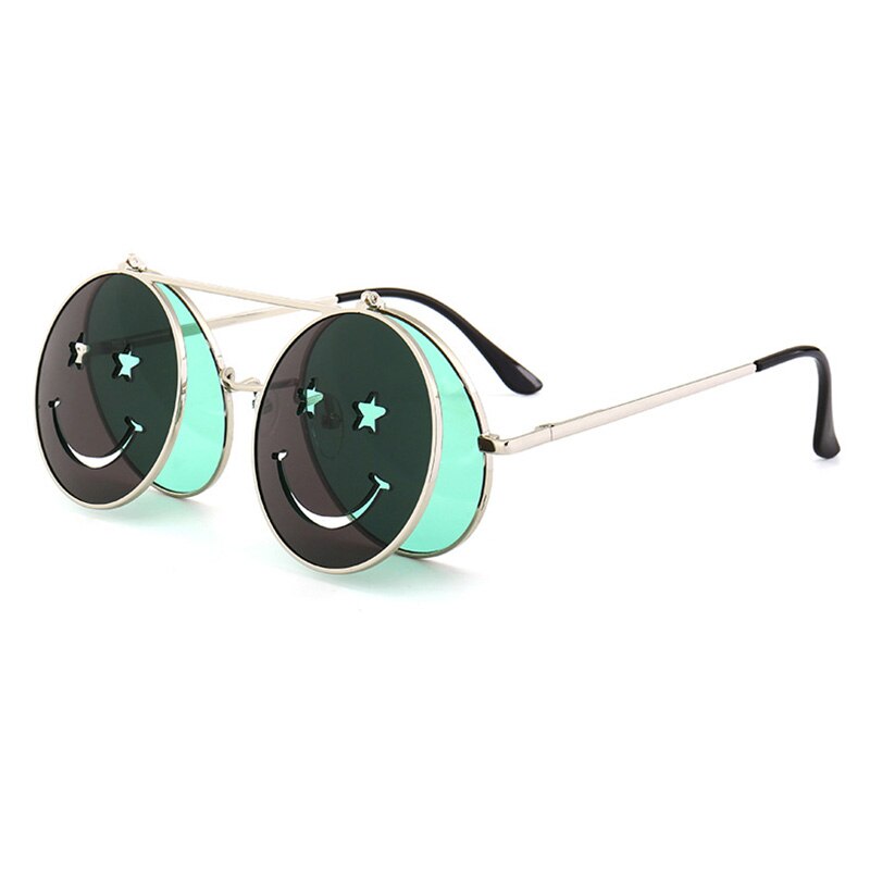 SHAUNA Spring Hinge Cute Smiling Face Women Folding Punk Sunglasses Unique Men Double Lens Tinted Steampunk Glasses UV400