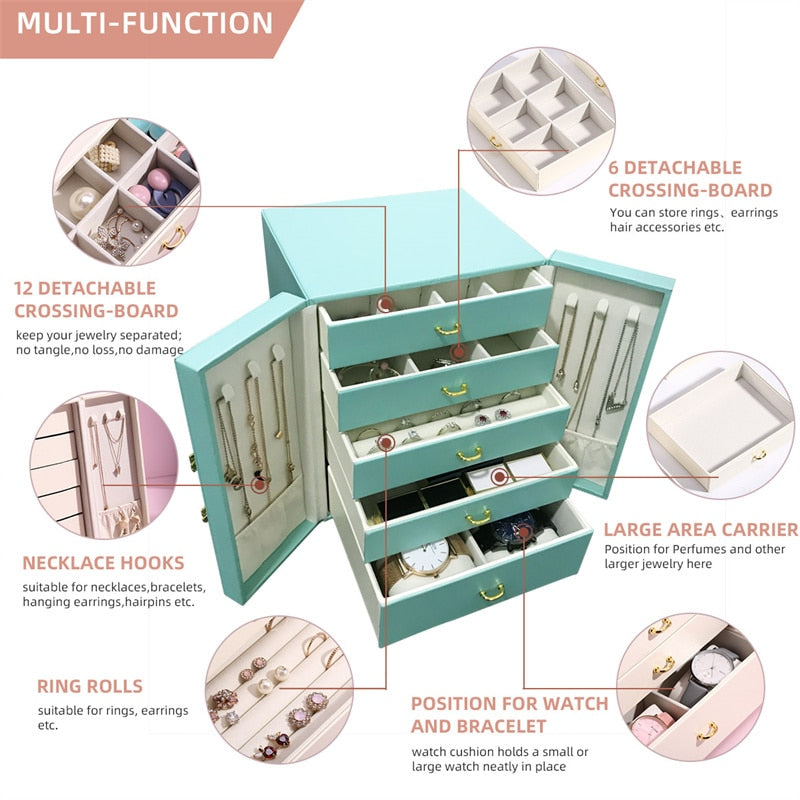 Casegrace Mehrschichtige Schublade, große Schmuck-Organizer-Box, Leder, Schmuck-Aufbewahrungsbox, Geschenkbox, Ohrringe, Uhr, Halskette, Schrank