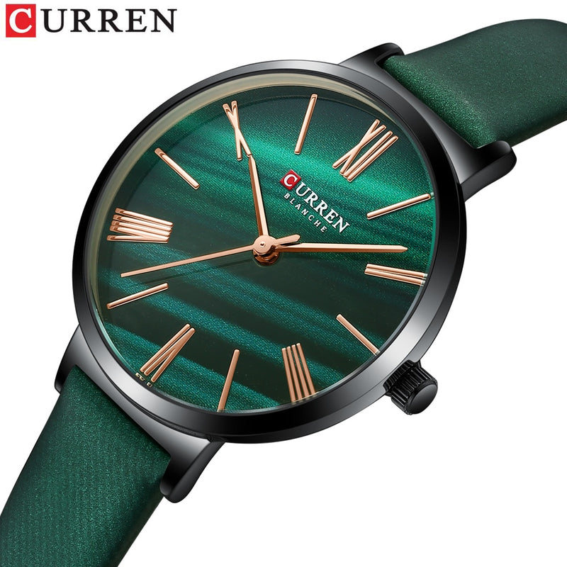 CURREN Fashion Luxury Watches for Women Malachite Green Quartz Dress Bracelet Wristwatch with Leather Female Clock