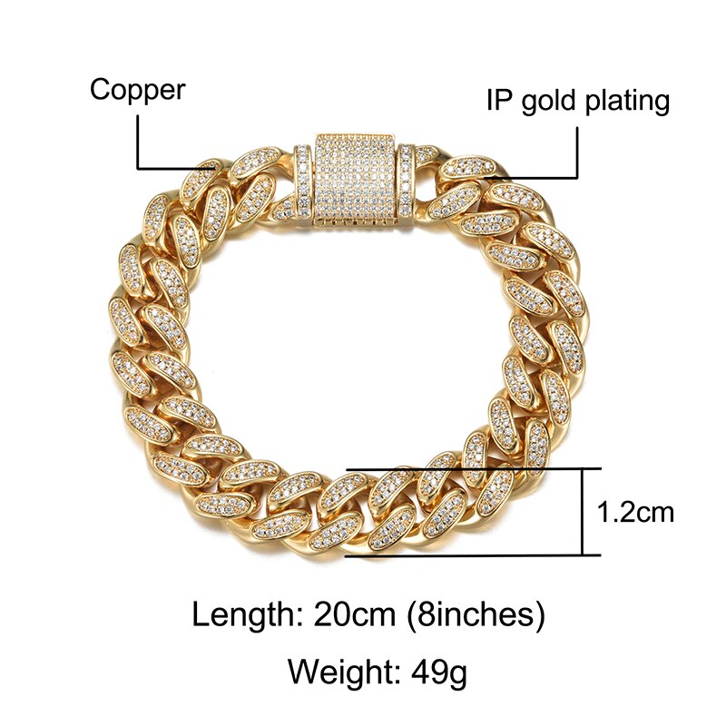 Hip Hop Heavy Iced out 12MM Big Box Buckle Cuban Chain Copper AAA+ Cubic Zirconia Stones Bracelet For Men Rapper Jewelry