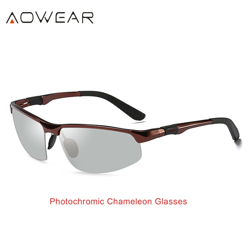 AOWEAR Photochrome Sonnenbrille Herren Polarisierte Tag-Nacht-Fahrbrille Hochwertige randlose Chamäleon-Brille aus Aluminium Gafas