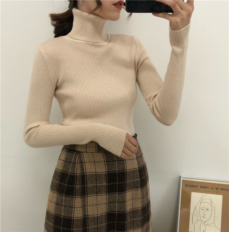 Women Turtleneck Sweaters Autumn Winter Korean Slim Pullover Women Basic Tops Casual Soft Knit Sweater Soft Warm Jumper