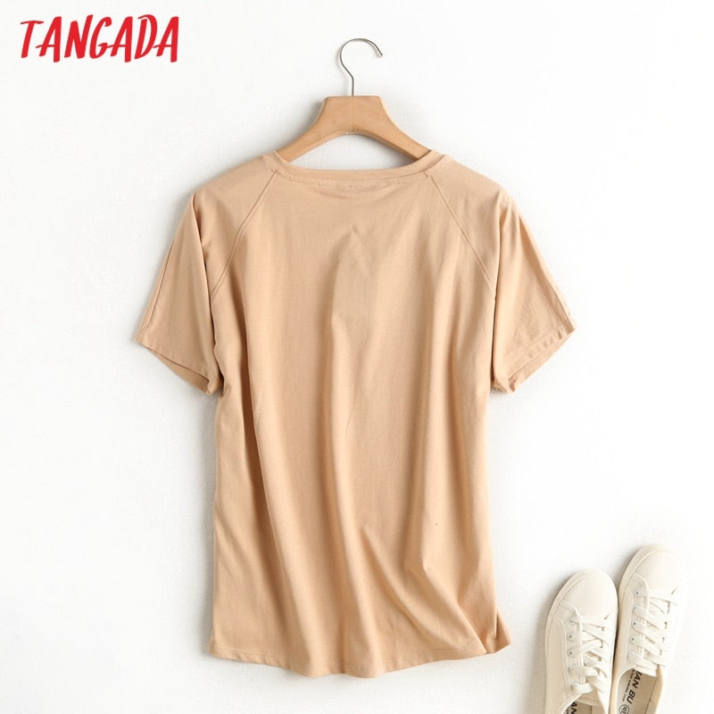 Tangada 2022, camiseta básica caqui de algodón para mujer, camisetas de manga corta con cuello redondo, camiseta informal para mujer, ropa de calle top 6D5